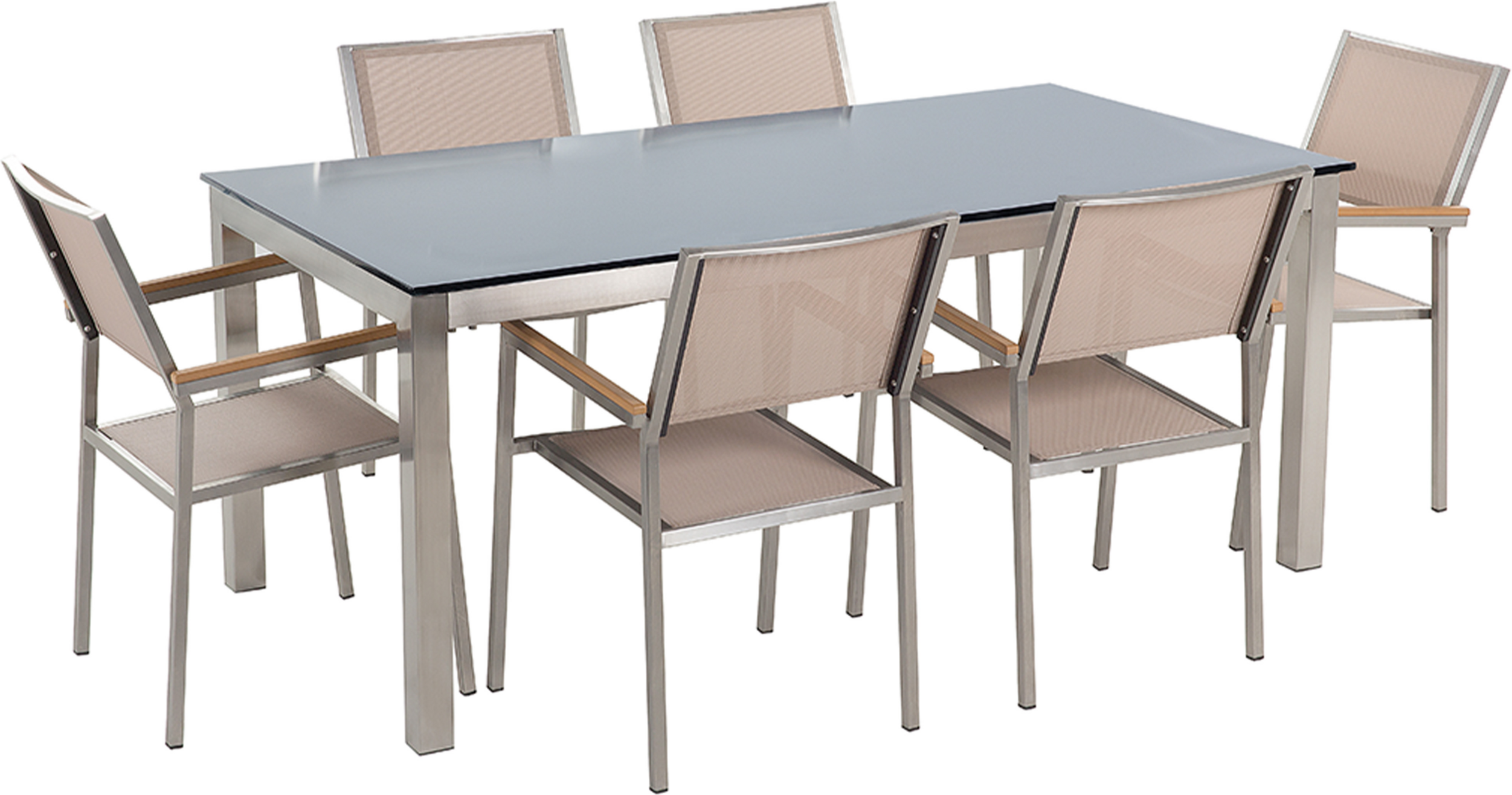 Beliani Garden Dining Set Beige with Black Glass Table Top 6 Seats 180 x 90 cm