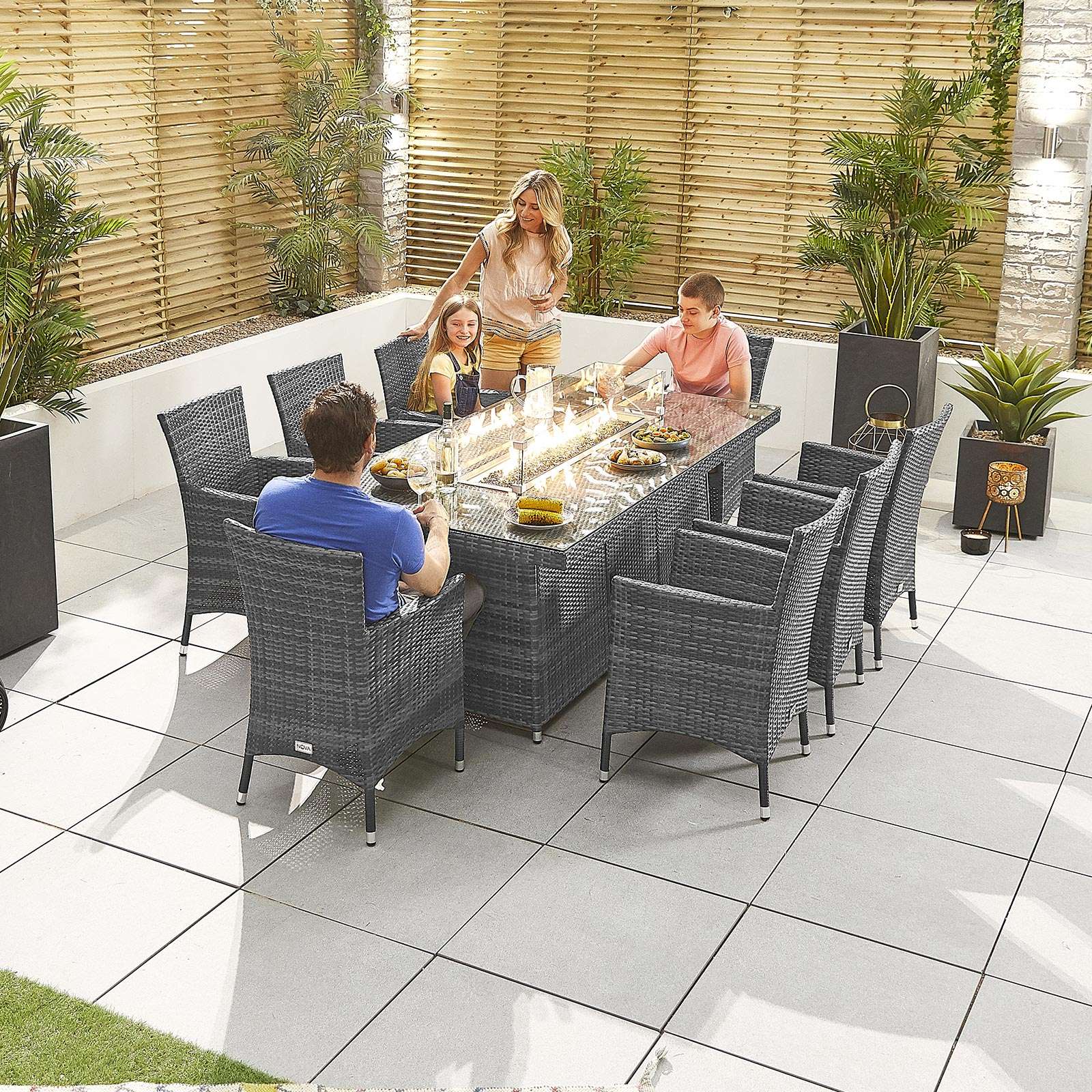 Amelia 8 Seat Dining Set with Fire Pit   2m x 1m Rectangular Table   Grey