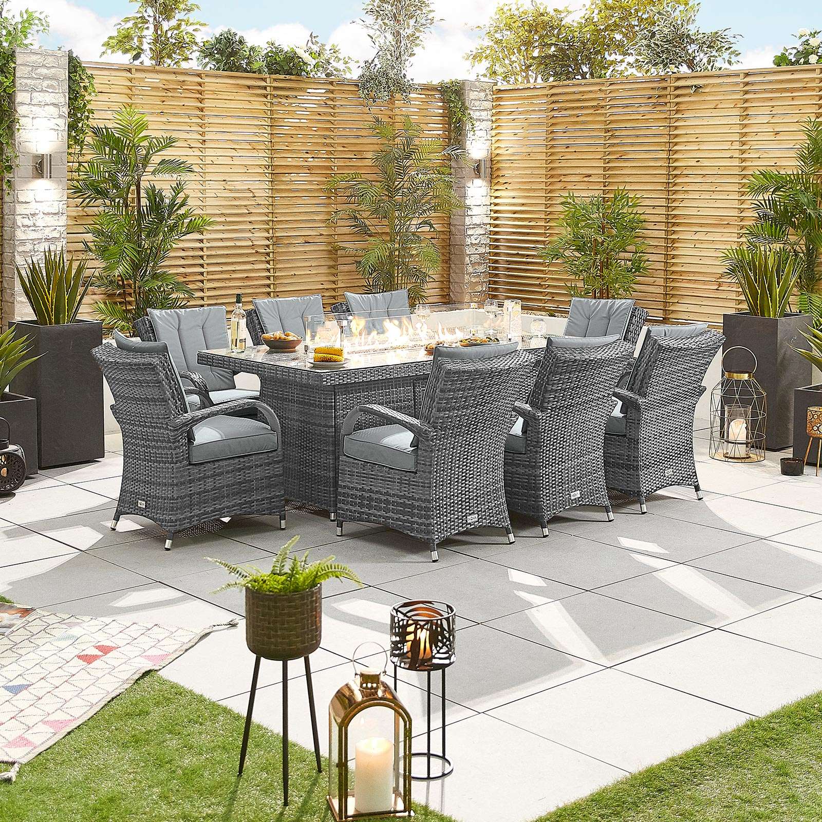 Olivia 8 Seat Dining Set with Fire Pit   2m x 1m Rectangular Table   Grey Rattan