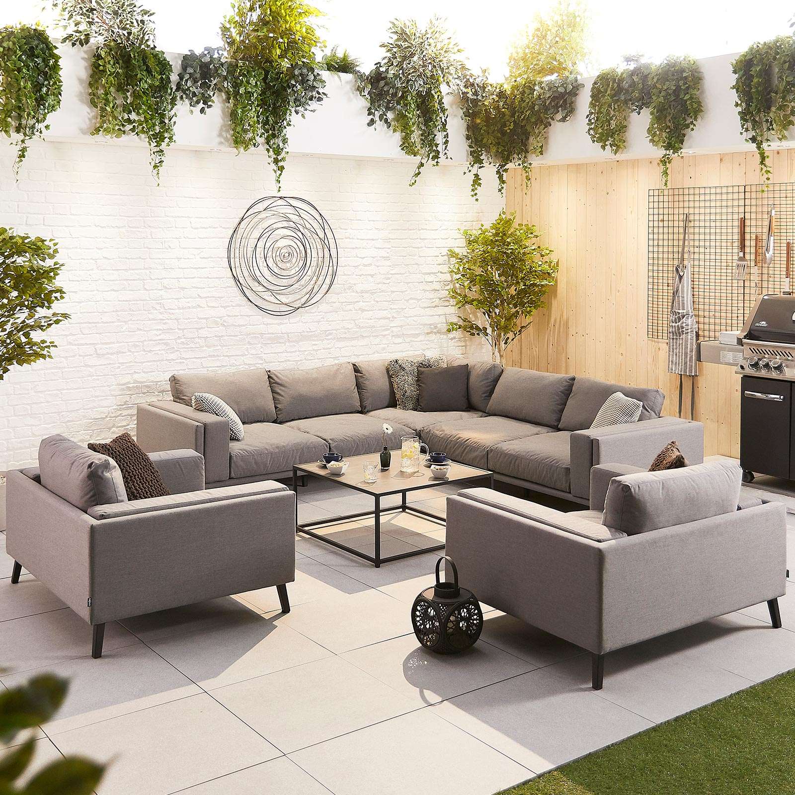 Infinity Outdoor Fabric Corner Sofa Set with Lounge Chairs   Light Grey