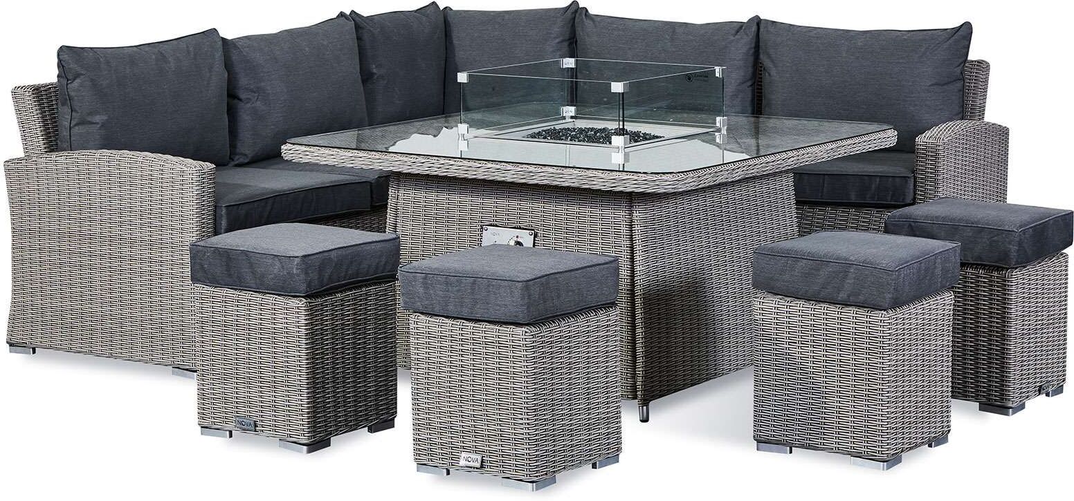 Ciara Deluxe Ciara Corner Dining Set with Fire Pit Table   White Wash Rattan