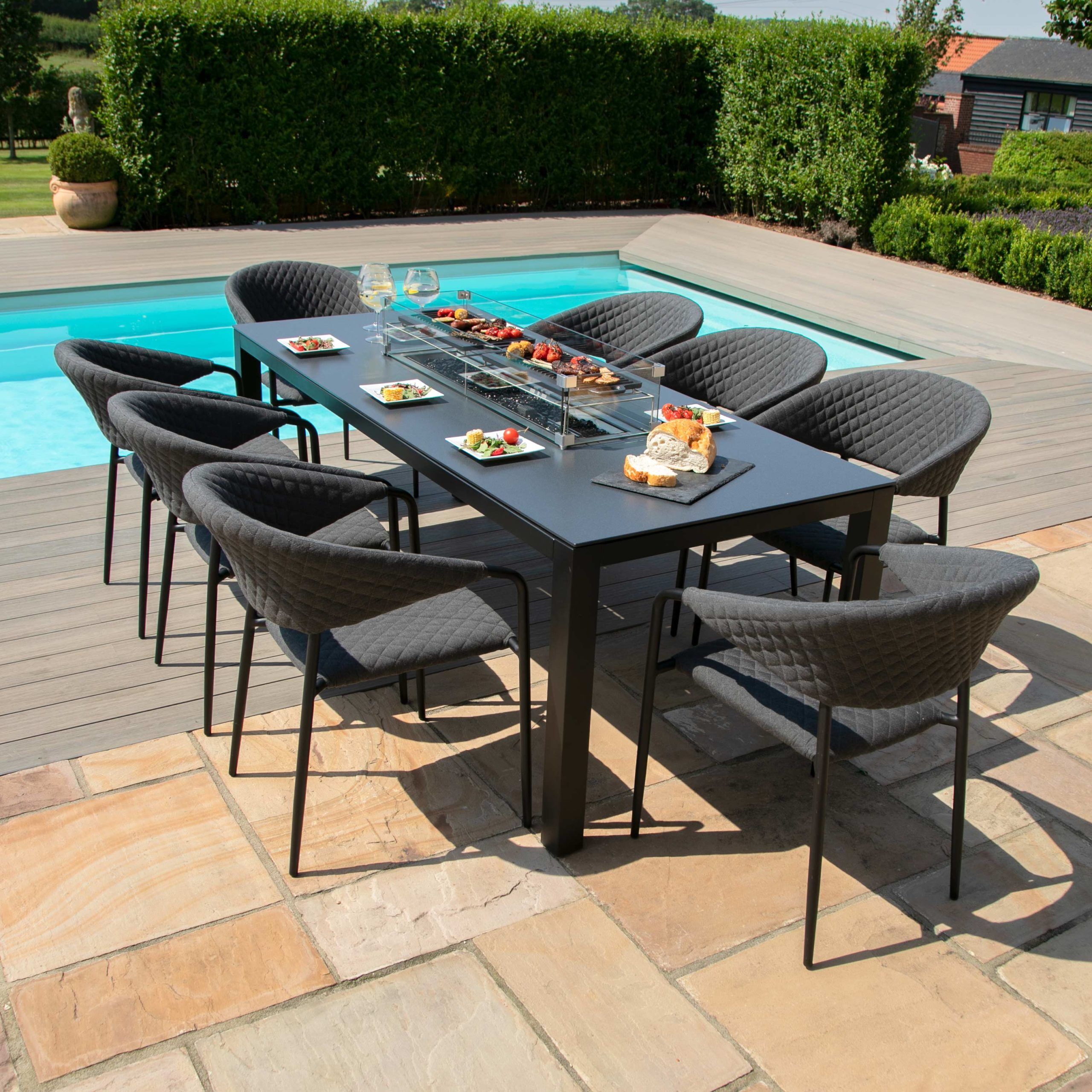 Maze Pebble 8 Seat Rectangular Dining Set Fire Pit Table   Charcoal