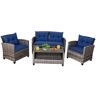Costway 4-Piece Wicker Patio Conversation Set Coffee Table Sofa Garden with Navy Cushions