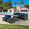 Seasonal PE Wicker Furniture, 5 Set Wicker Outdoor Sectional Set with Blue Cushions, Plywood lift. TOP Coffee Table