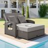 Zeus & Ruta PE Wicker Outdoor Chaise Lounge with Gray Cushions 2-Person Reclining Daybed with Adjustable Back and Cushions