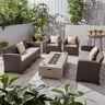 Noble House Comet 6-Piece Faux Wicker Patio Fire Pit Conversation Set with Mixed Beige Cushions