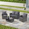 Tenleaf 4-Piece Dark Gray Wicker Patio Conversation Set with Dark Gray Cushions, Tempered Glass Coffee Table