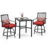 Nuu Garden Black 3-Piece Metal Square Table Bar Height Patio Outdoor Dining Set Bar Set with Red Cushions