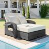 Zeus & Ruta PE Wicker Outdoor Chaise Lounge with White Cushions 2-Person Reclining Daybed with Adjustable Back and Cushions