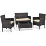 Costway 4-Piece Wicker Patio Conversation Set with Beige Cushions and Tempered Glass Coffee Table