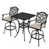 Mondawe Black 3-Piece Cast Aluminum Patio Outdoor Bistro Set with 2 High Bar Swivel Chairs, Square Table, Beige Cushion (Seat 4)