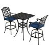Mondawe Black 3-Piece Cast Aluminum Patio Outdoor Bistro Set with 2 High Bar Swivel Chairs, Square Table, Blue Cushion (Seat 4)