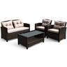FORCLOVER 4-Piece Wicker Patio Conversation Set with Brown Cushions and Table with Lower Shelf