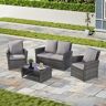 Tenleaf 4-Piece Dark Gray Wicker Patio Conversation Set with Light Gray Cushions, Tempered Glass Coffee Table