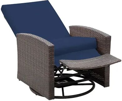 Outsunny Patio PE Rattan Wicker Recliner Chair with 360 degree Swivel Soft Cushion Lounge Chair for Patio Garden Backyard Light Blue