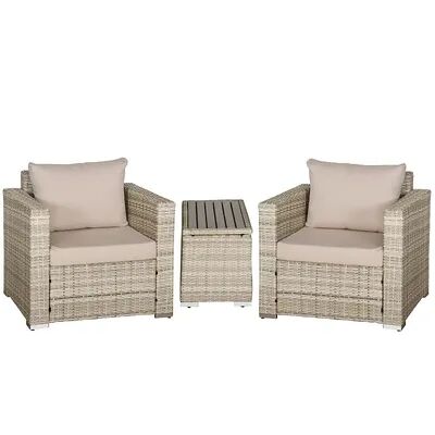 Outsunny Oustunny 3 Piece PE Rattan Wicker Sofa Sets Outdoor Armchair Sofa Furniture Set w/ Plastic Wood Grain Side Table and Washable Cushions Grey, White