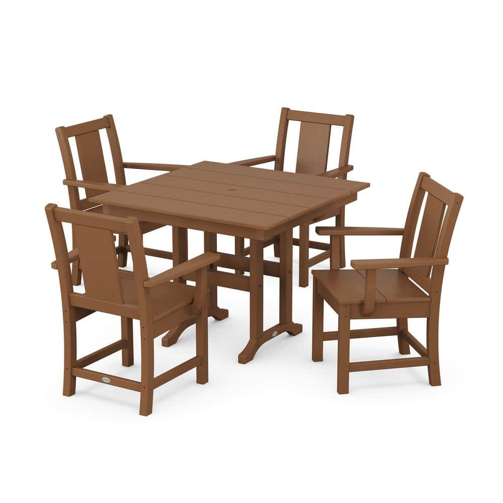 POLYWOOD 5-Piece Prairie Farmhouse Plastic Square Outdoor Dining Set in Teak