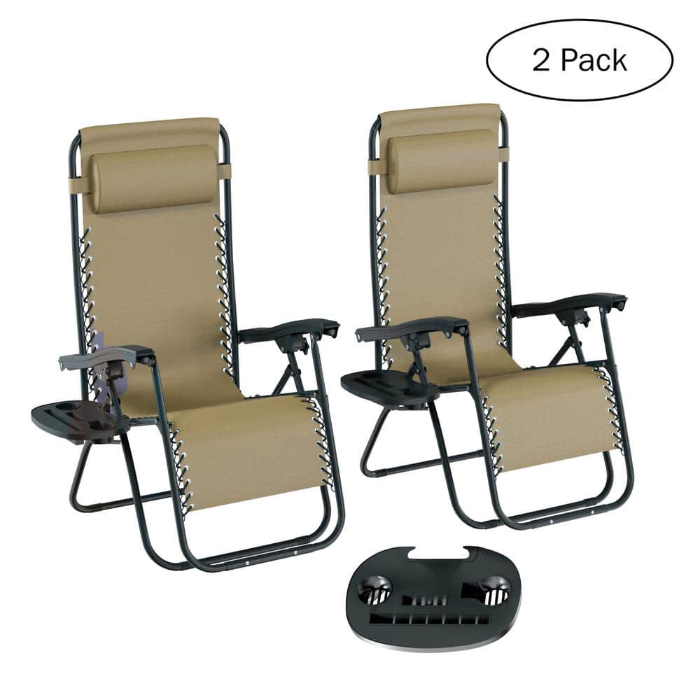 Zero Gravity Reclining Metal Frame Outdoor Lounge Chairs Featuring Pillows and a Cell Phone Holder (Set of 2 Chairs)