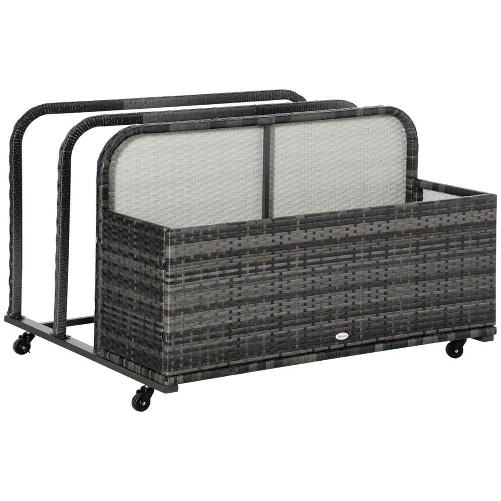 Outsunny 40 Gal. Grey Rattan Wicker Rolling Deck Box for Floats, Noodles, Paddles, Balls, Towels, Accessories