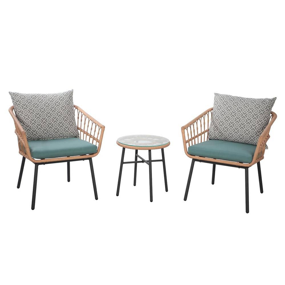 Soleil jardin SJ 3-Piece Metal Outdoor Bistro Set with Turquoise Cushions