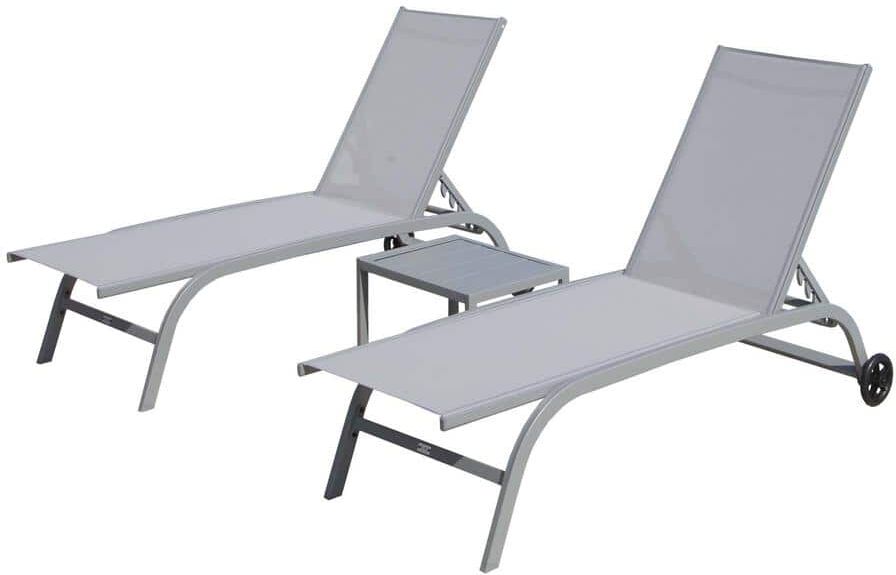 Zeus & Ruta Gray 3-Piece Metal 5 Adjustable Position Outdoor Chaise Lounge with Wheels and Table for Patio, Beach