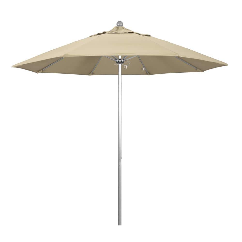 California Umbrella 9 ft. Silver Aluminum Commercial Market Patio Umbrella with Fiberglass Ribs and Push Lift in Antique Beige Sunbrella