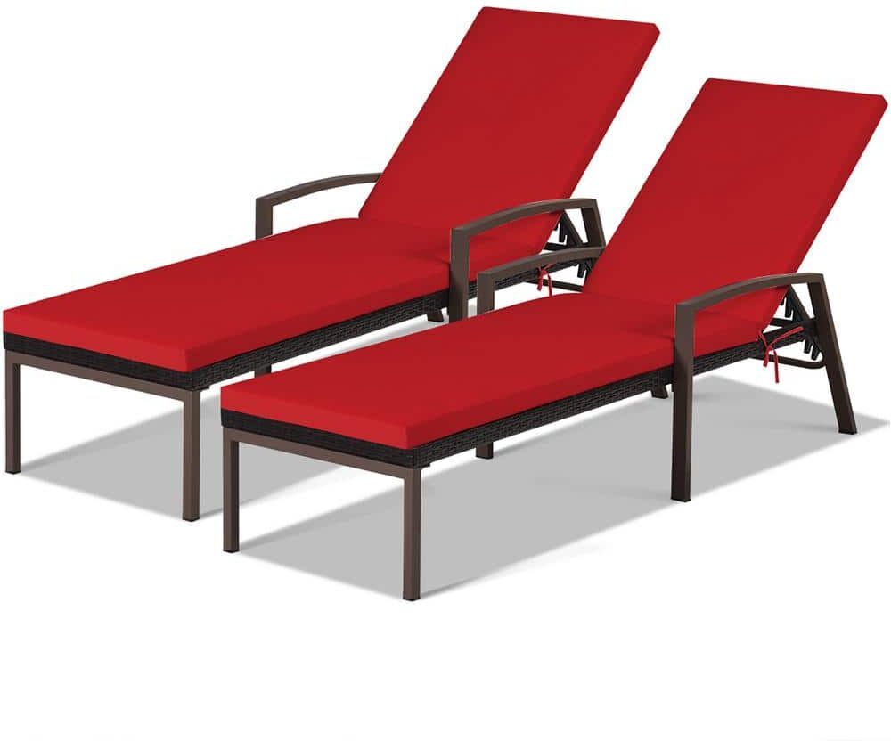 Costway Adjustable Height Rattan Chaise Recliner Patio Lounge Chair with Red Cushions (2-Piece)