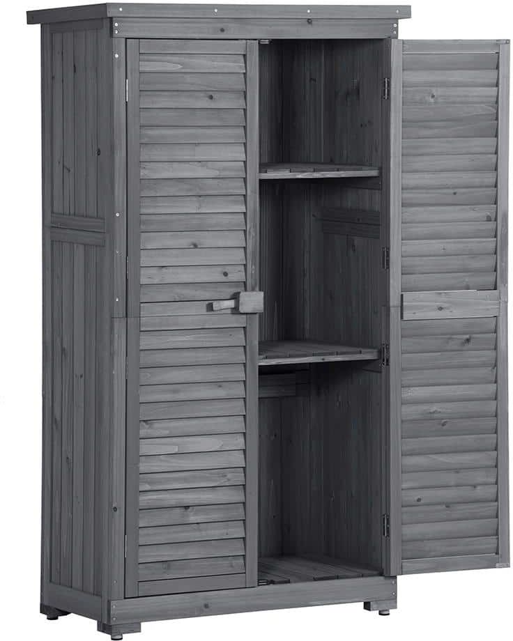 BTMWAY 2.8 ft. W x 1.5 ft. D Gray Outdoor Wood Storage Shed Tool Cabinet with 2 Removable Shelves, Shutter Design(4 sq. ft.)