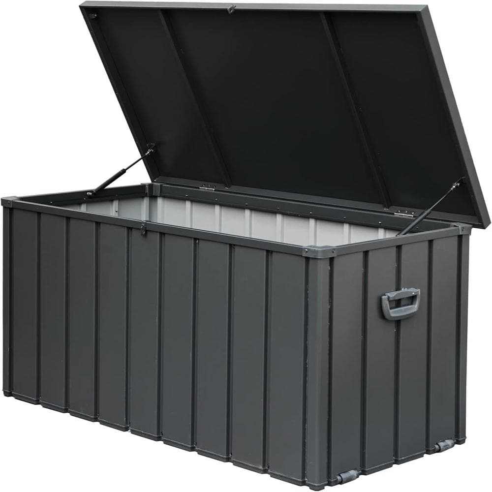 Zeus & Ruta 120 Gal. Dark Gray Steel Style Deck Box Waterproof for Large Patio Storage Bin for Outside Cushions, Garden Tools