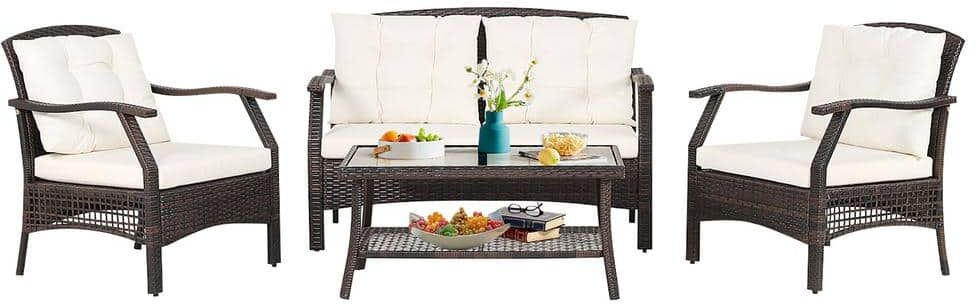 Costway 4-Pieces Wicker Patio Conversation Set Rattan Sofa Set with Protective Cover and Beige Cushions