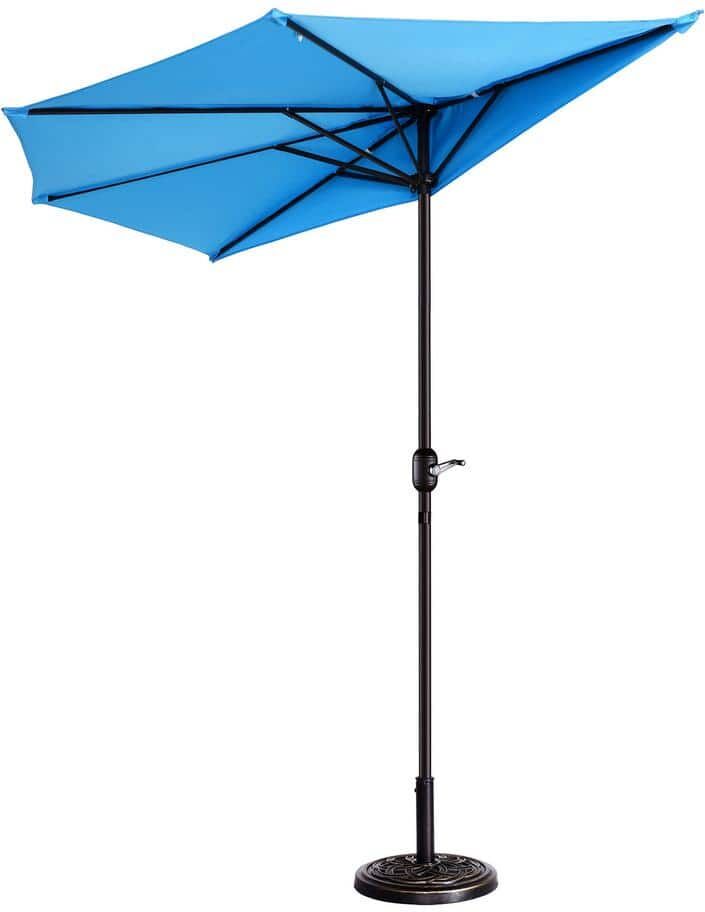 Villacera 9 ft. Steel Half Round Patio Market Umbrella with Hand Crank Lift in Blue