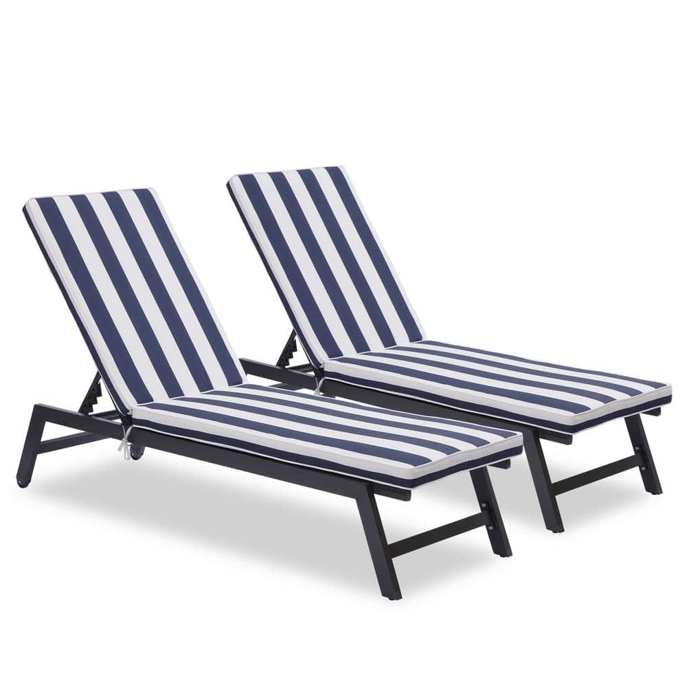 2-Piece Aluminum Outdoor Chaise Lounge Chair Set with Blue Stripes Cushions, 5-Position Adjustable Aluminum Recliner