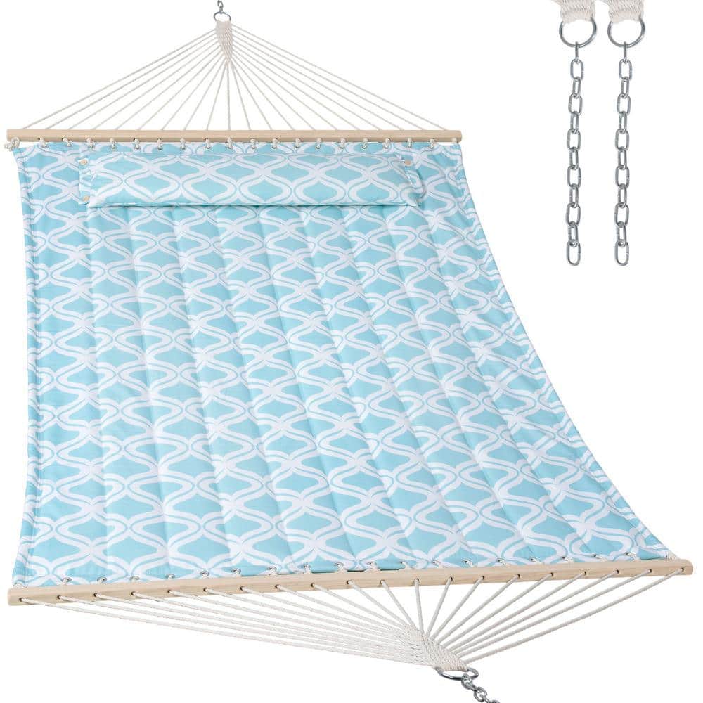 Atesun Double Hammock Quilted Fabric Swing with Spreader Bar, Detachable Pillow, 55" x 79" Large Hammock, Baby Blue