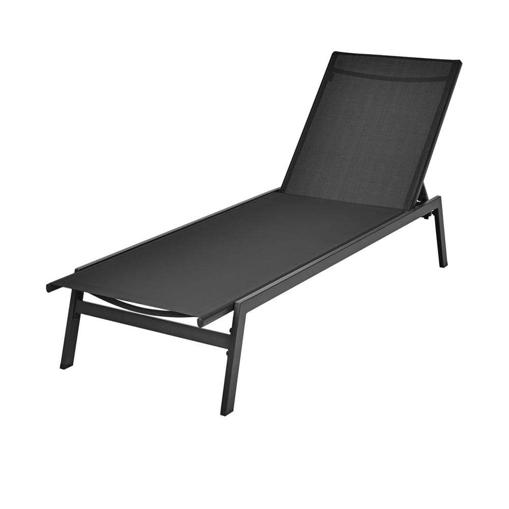 ANGELES HOME Reclining Metal Outdoor Lounge Chair with 6-Position Adjustable Back in Black