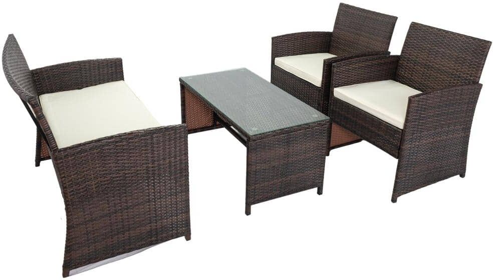 URTR 4-Piece PE Rattan Wicker Patio Conversation Set Outdoor Balcony Sofa Set 1 table and 3 Armchairs with Beige Cushion