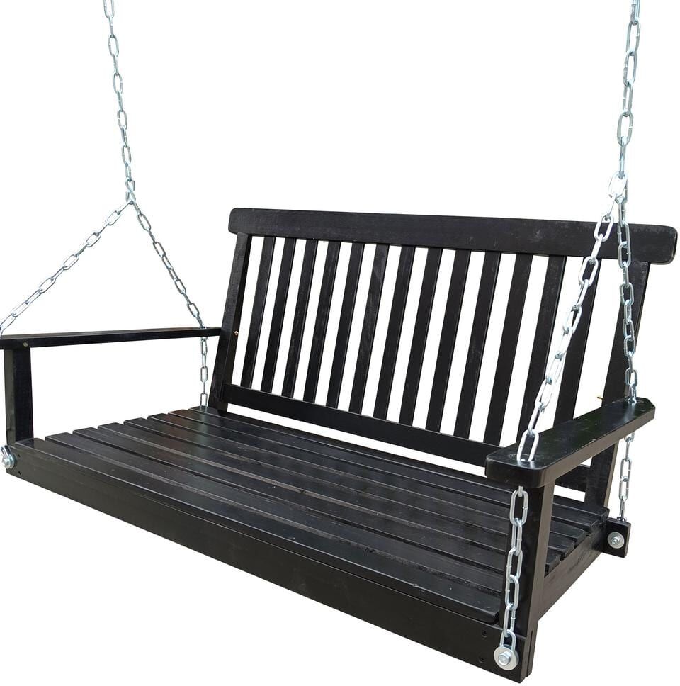 Black Wood Porch Swing Bench Swing with Armrests and Hanging Chains for Outdoor Patio, Garden, Backyard