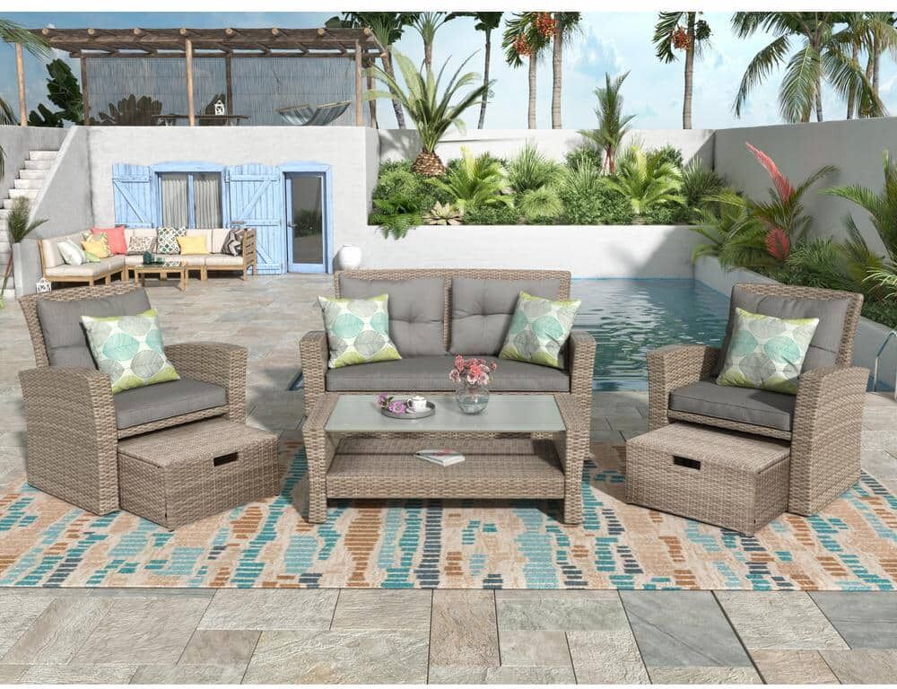 URTR 4-Piece PE Rattan Wicker Patio Conversation Set Outdoor Sofa Set with Ottoman, Armchair and Table, Gray Cushion