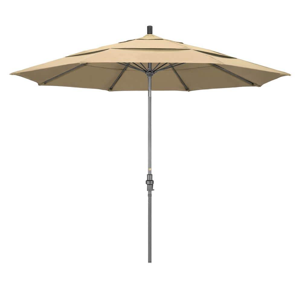 California Umbrella 11 ft. Hammertone Grey Aluminum Market Patio Umbrella with Collar Tilt Crank Lift in Antique Beige Olefin