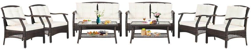 Costway 8-Pieces Wicker Patio Conversation Set Rattan Sofa Set with Protective Cover and Beige Cushions