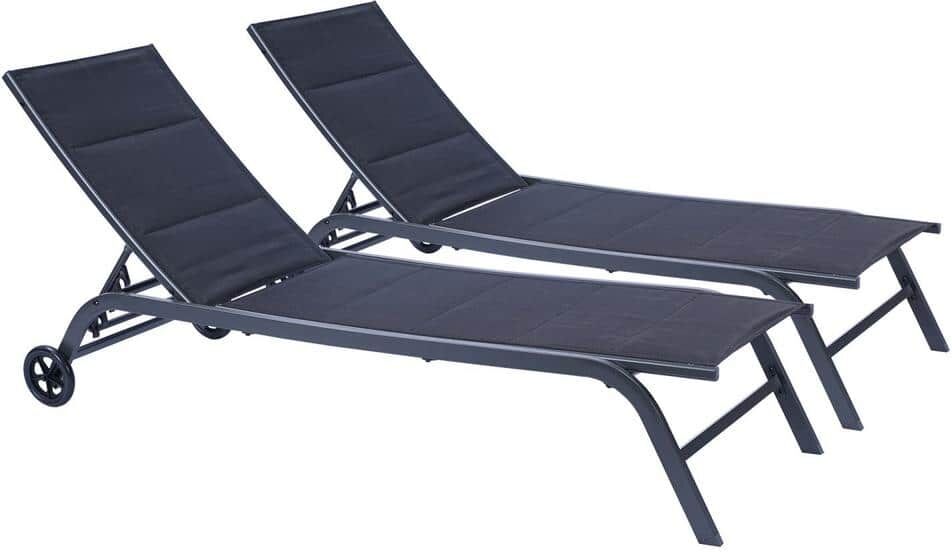 Tidoin 2-Piece Black Metal Outdoor Patio Chaise Lounge Chair, 5-Position Adjustable Metal Recliner