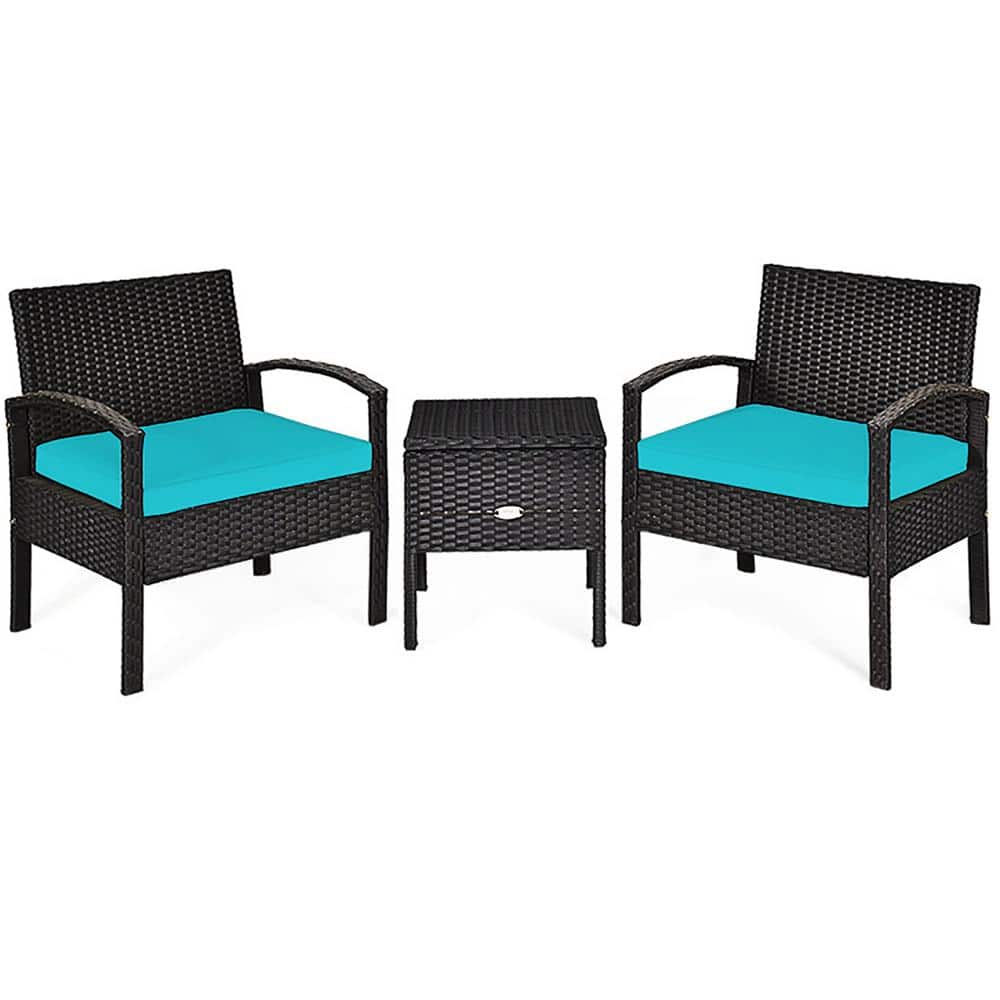 Boyel Living 3-Pieces Wicker Patio Conversation Set 2-People Rattan Sofa Seating and Coffee Table Group Outdoor Set w/ Blue Cushions