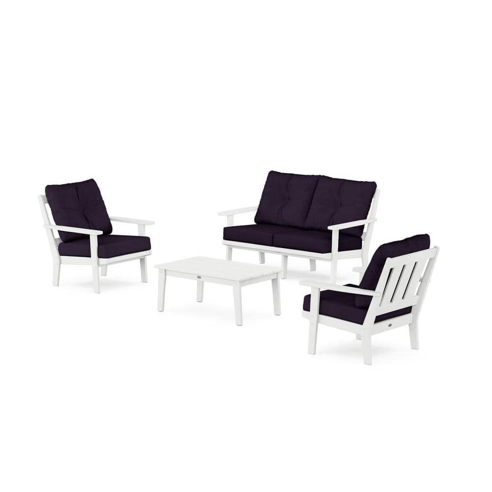 POLYWOOD Oxford 4-Pcs Plastic Patio Conversation Set with Loveseat in White/Navy Linen Cushions