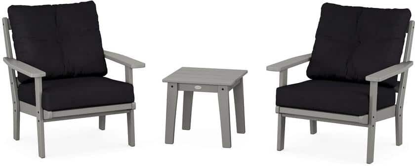 POLYWOOD Oxford 3-Pcs Plastic Patio Conversation Set in Slate Grey/Midnight Linen Cushions