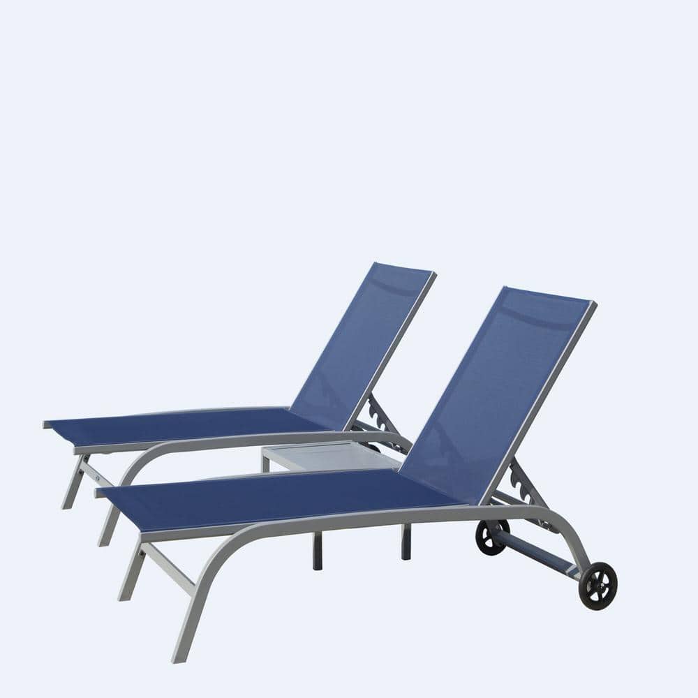 Blue Aluminium Material Padded Sling Outdoor Pool Lounge Chairs with 5 Adjustable Position for Patio, Beach Set of 3