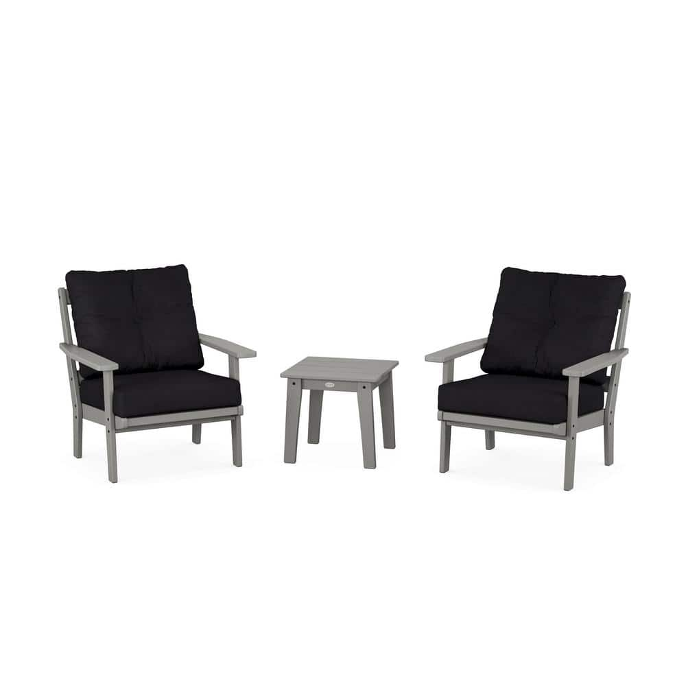 POLYWOOD Prairie 3-Pcs Plastic Patio Conversation Set in Slate Grey/Midnight Linen Cushions