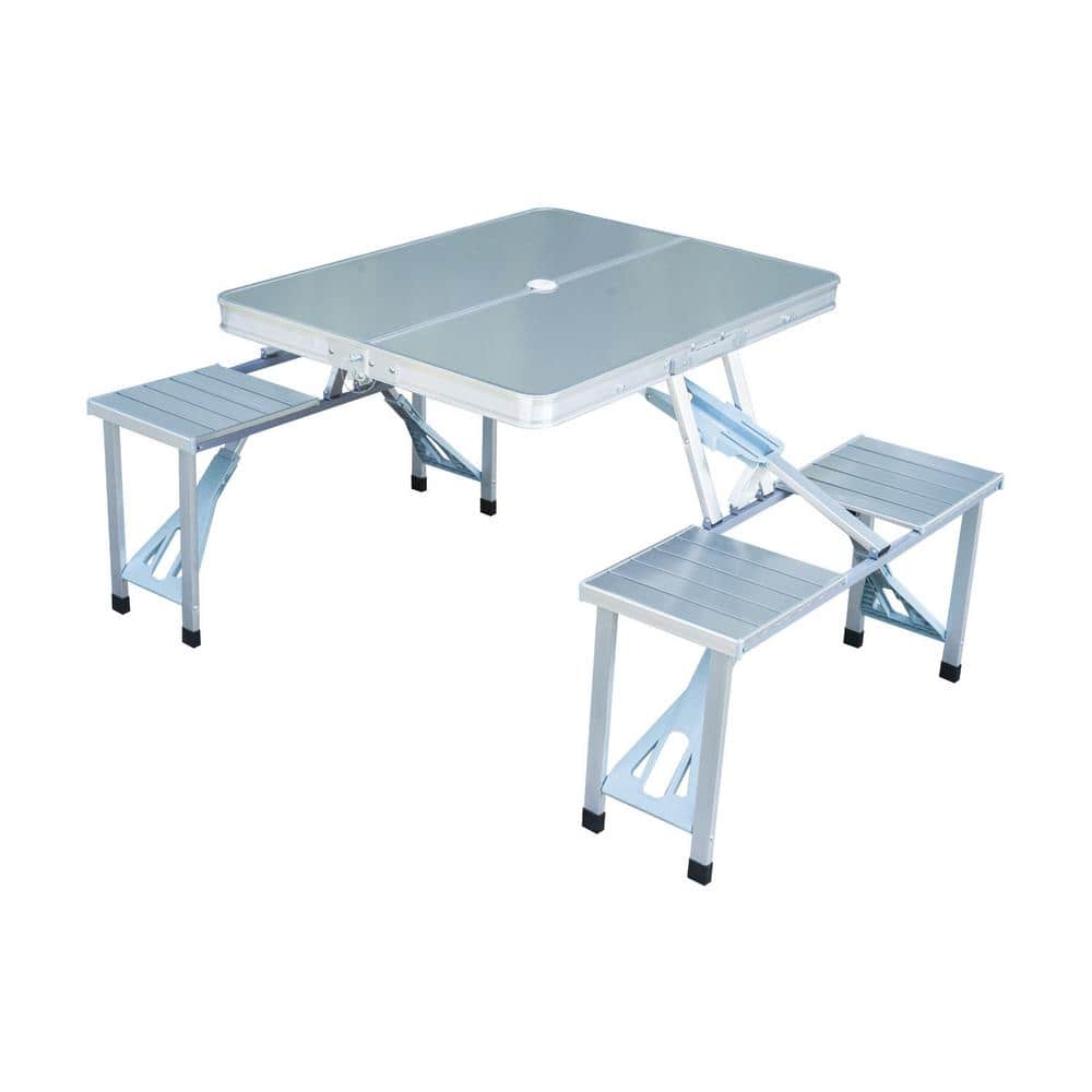 Outsunny Silver 4-Person Aluminum Portable Folding Suitcase Picnic Table Set with Umbrella Hole and Compact Design