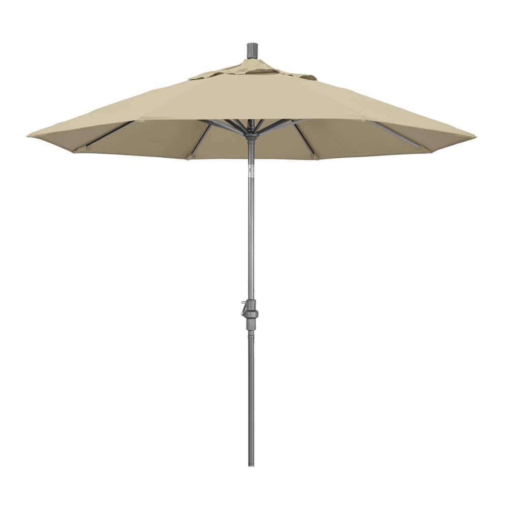 California Umbrella 9 ft. Hammertone Grey Aluminum Market Patio Umbrella with Collar Tilt Crank Lift in Antique Beige Sunbrella