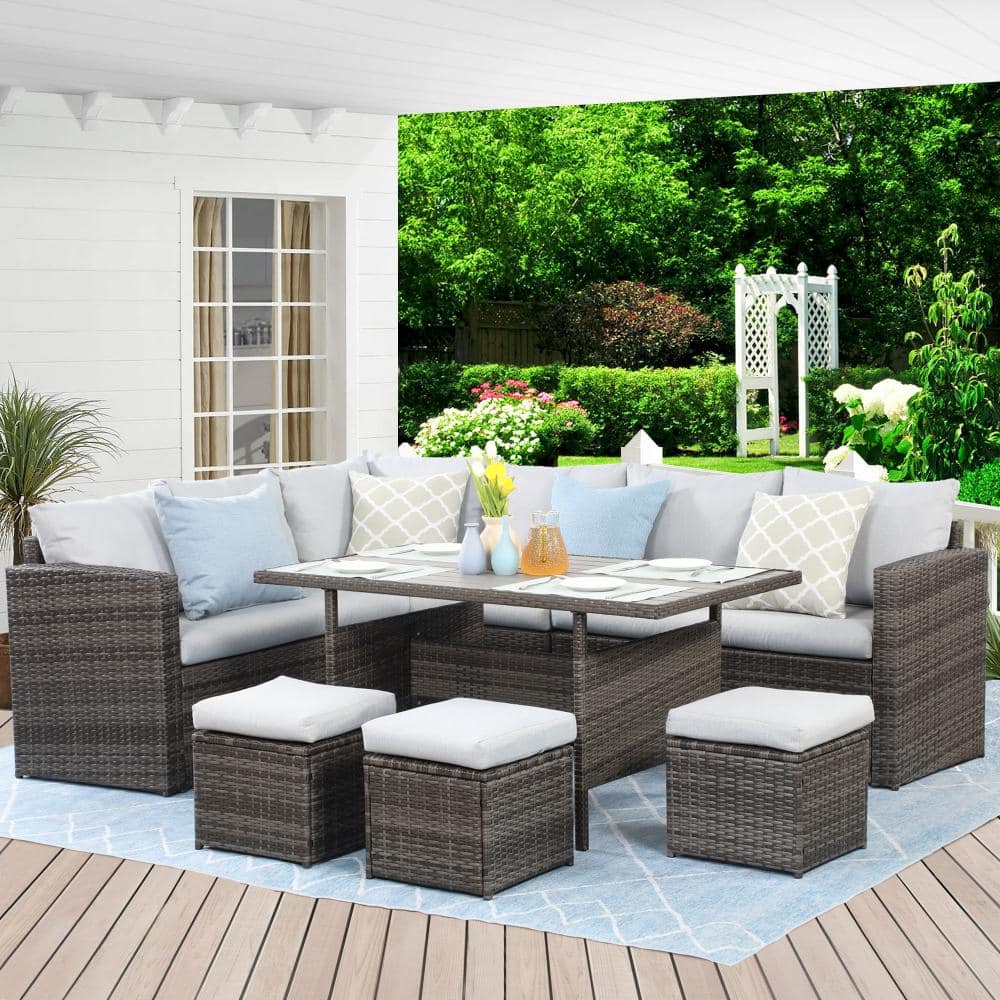 7 -Piece Brown Wicker Outdoor Modular Sectional Sofas Furniture Set Side Table Luxury Couches with Gray Cushions