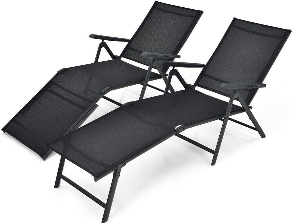 ANGELES HOME 2-Piece Foldable Metal Outdoor Lounge Chair with 2-Position Footrest in Black