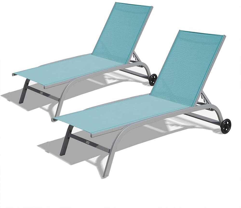 Cesicia Turquoise Blue Outdoor Chaise Lounge Chairs for Outside with Wheels and 5 Adjustable Position (Set of 3)